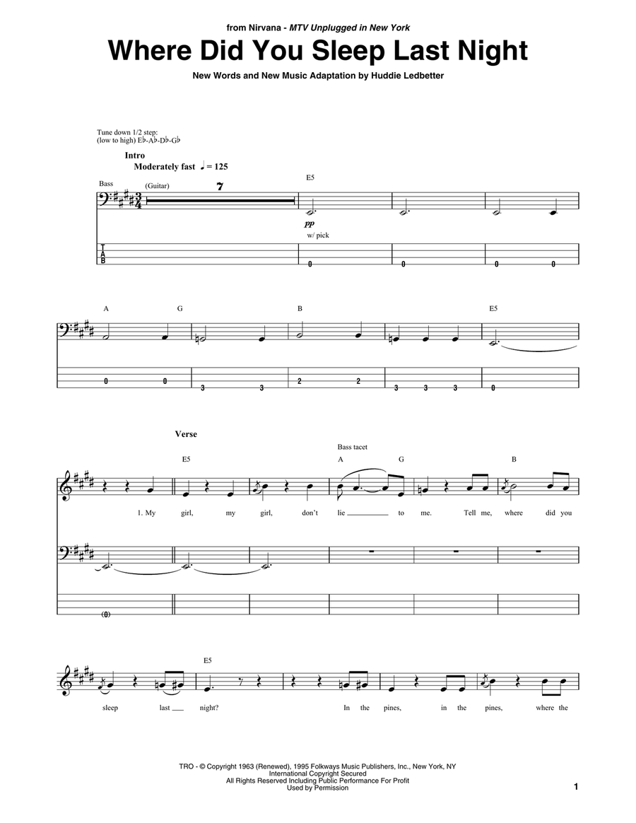Where Did You Sleep Last Night Bass Guitar Tablature scores gallery preview page 1