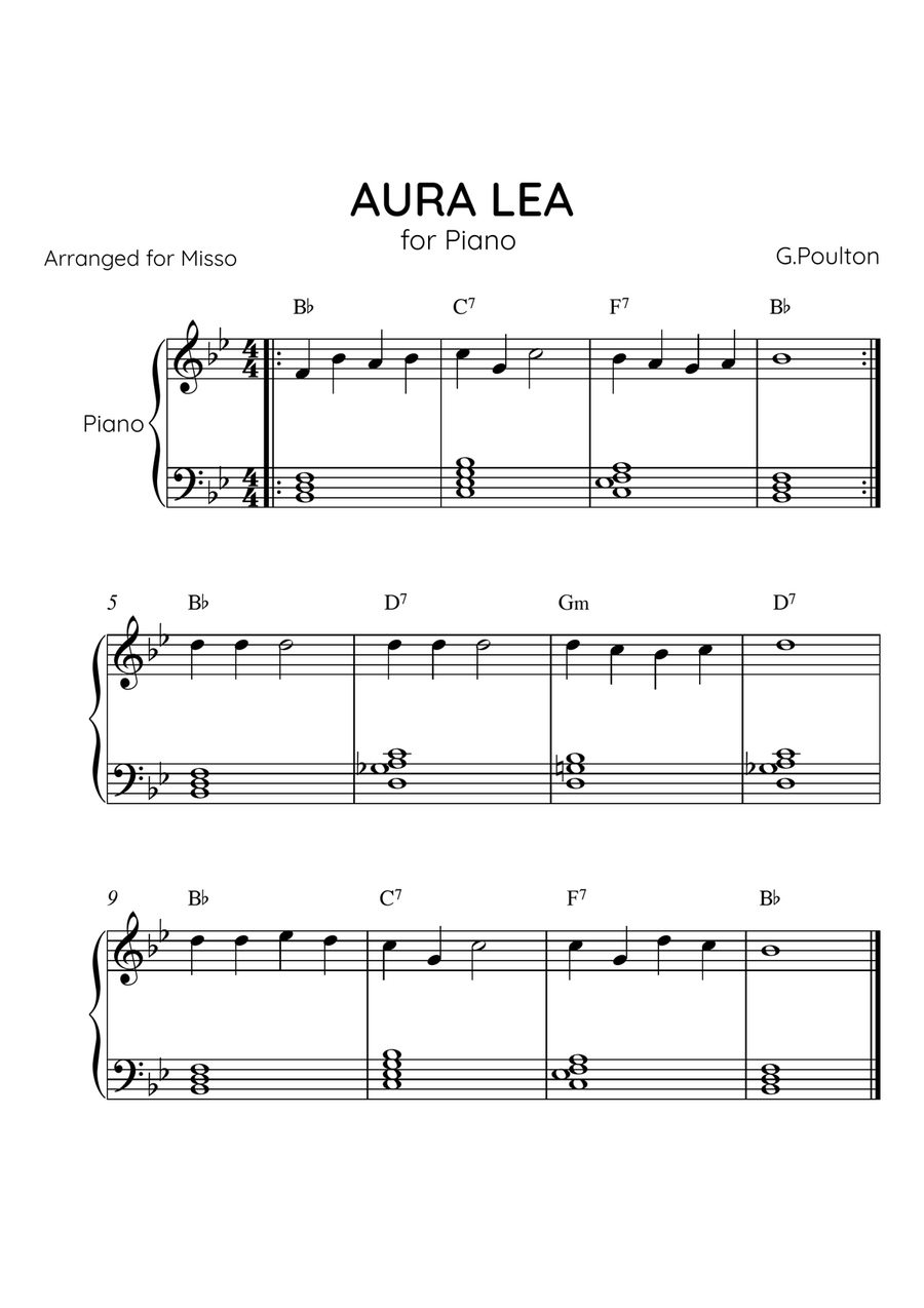Aura Lea- Piano Solo in Bb Major - Easy Level With Chords Easy Piano scores gallery preview page 1