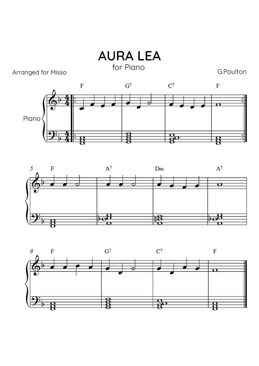 Aura Lea - Piano Solo in F Major - Easy Level With Chords Easy Piano scores gallery preview page 1
