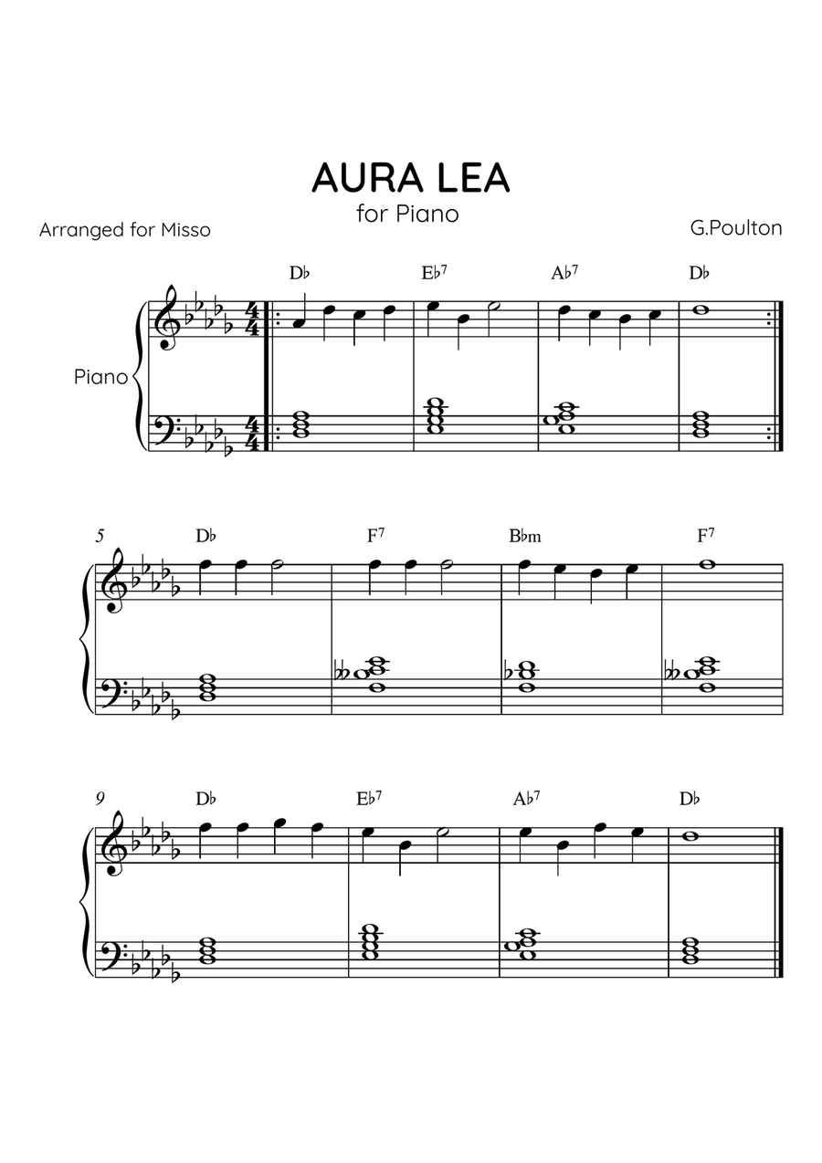 Aura Lea - Piano Solo in Db Major - Easy Level With Chords Easy Piano scores gallery preview page 1