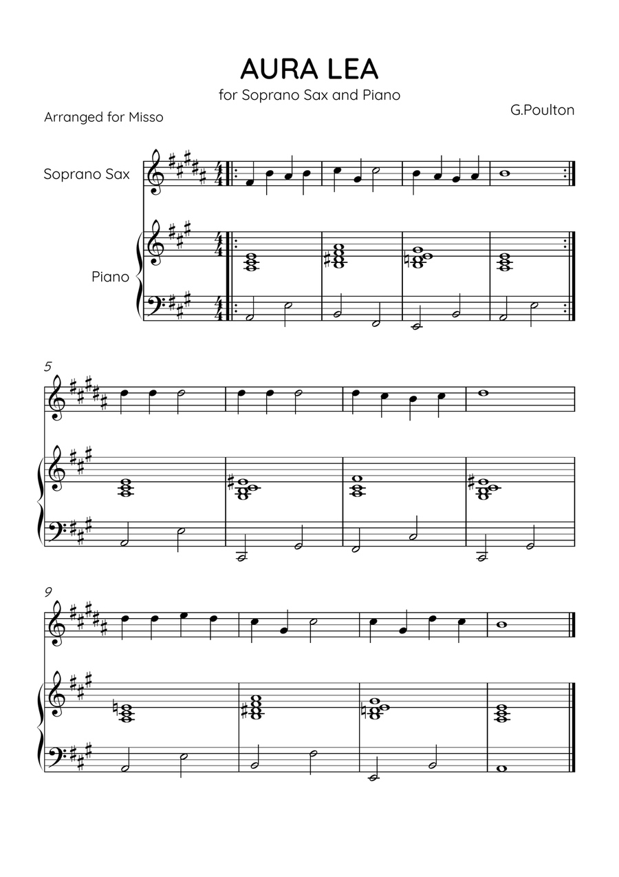 Aura Lea - Soprano Sax and Piano in A Major - Easy Level With Chords Soprano Saxophone scores gallery preview page 1