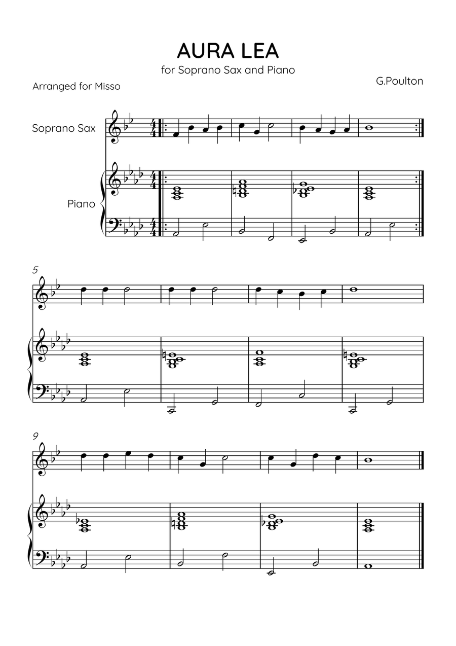 Aura Lea - Soprano Sax and Piano in Ab Major - Easy Level Soprano Saxophone scores gallery preview page 1