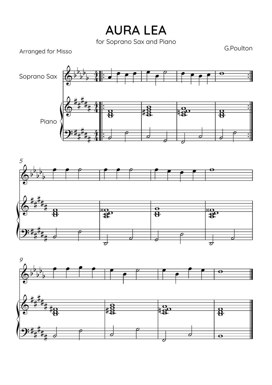 Aura Lea - Soprano Sax and Piano in B Major - Easy Level Soprano Saxophone scores gallery preview page 1