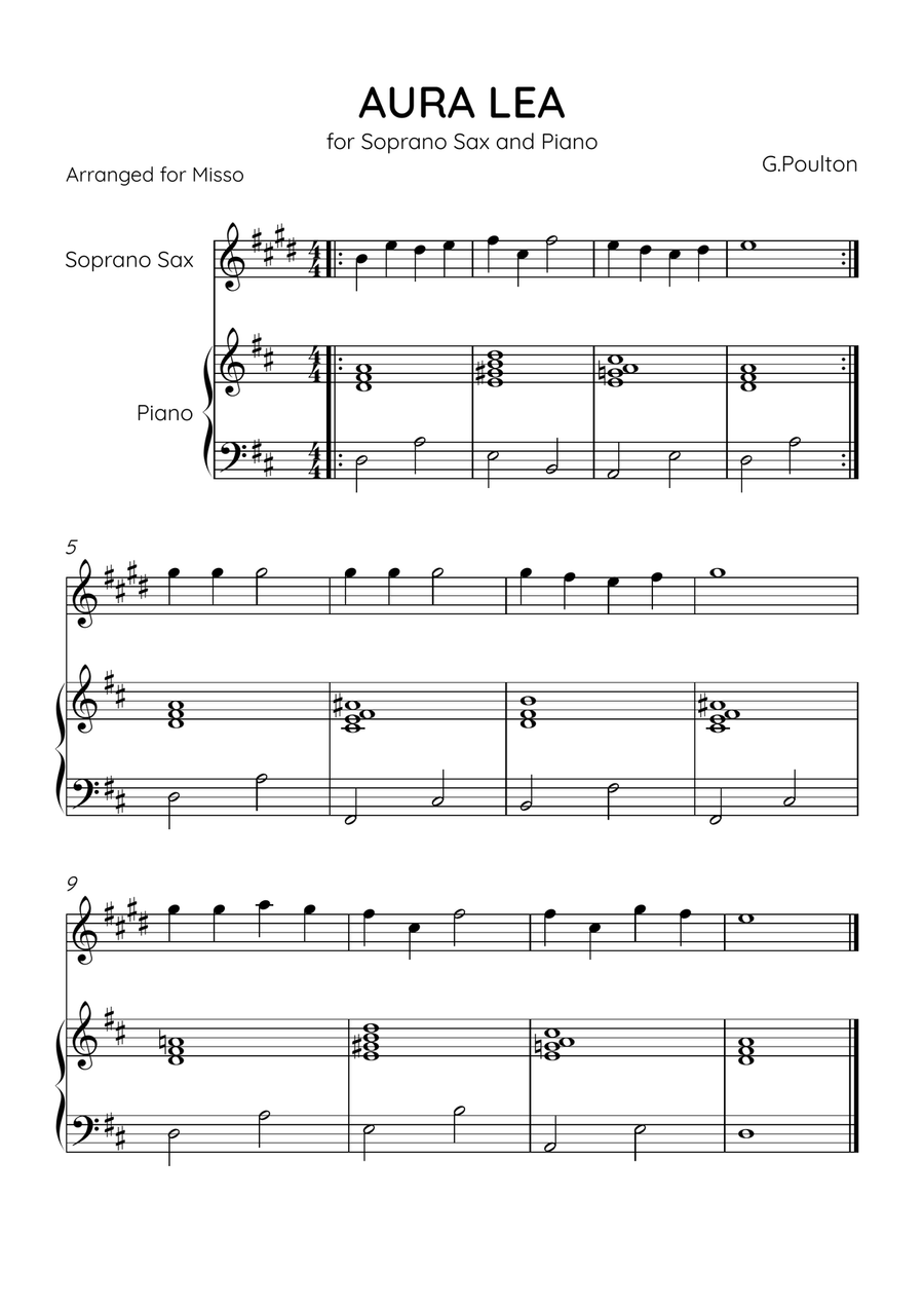 Aura Lea - Soprano Sax and Piano in D Major - Easy Level Soprano Saxophone scores gallery preview page 1