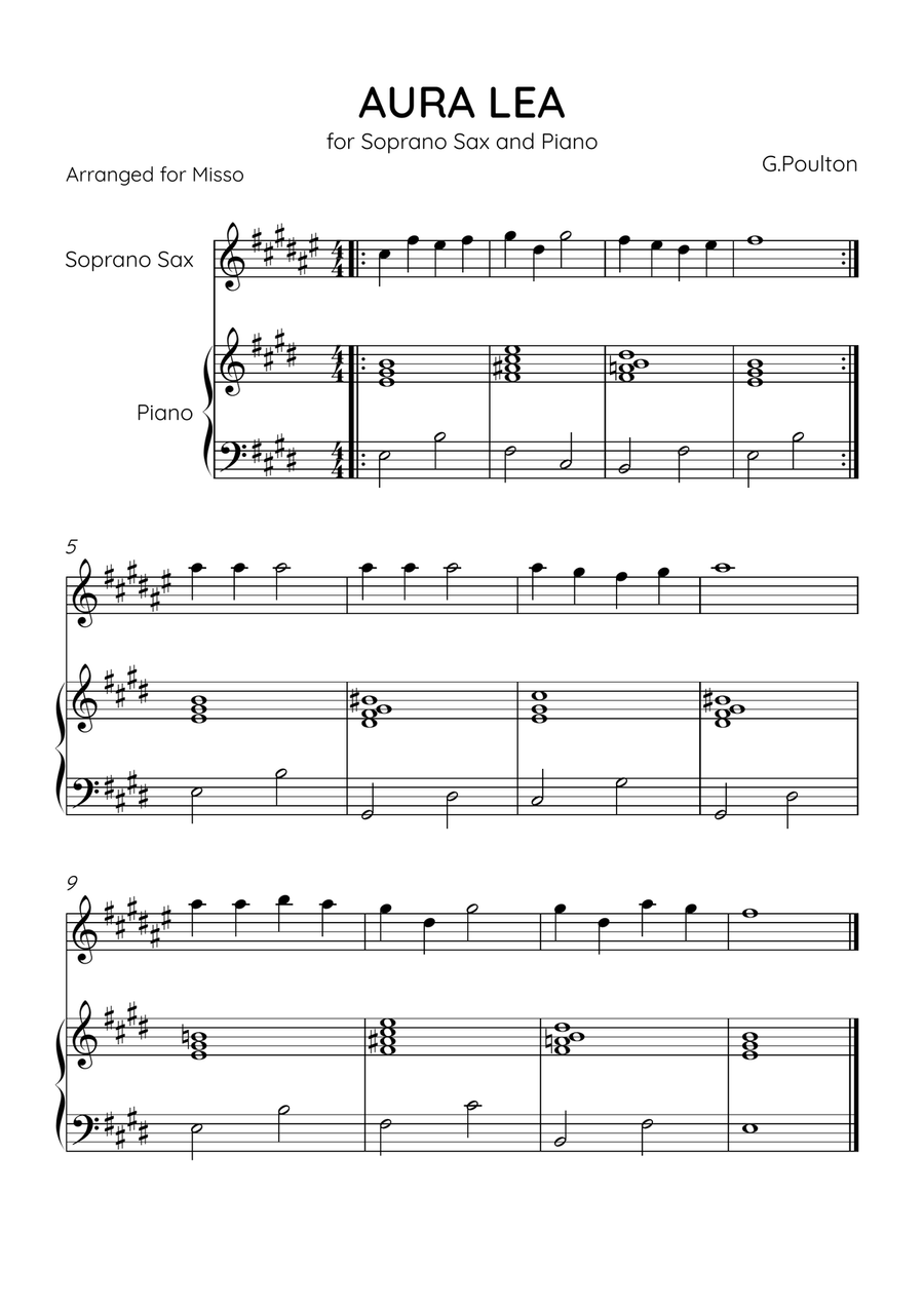 Aura Lea - Soprano Sax and Piano in E Major - Easy Level Soprano Saxophone scores gallery preview page 1