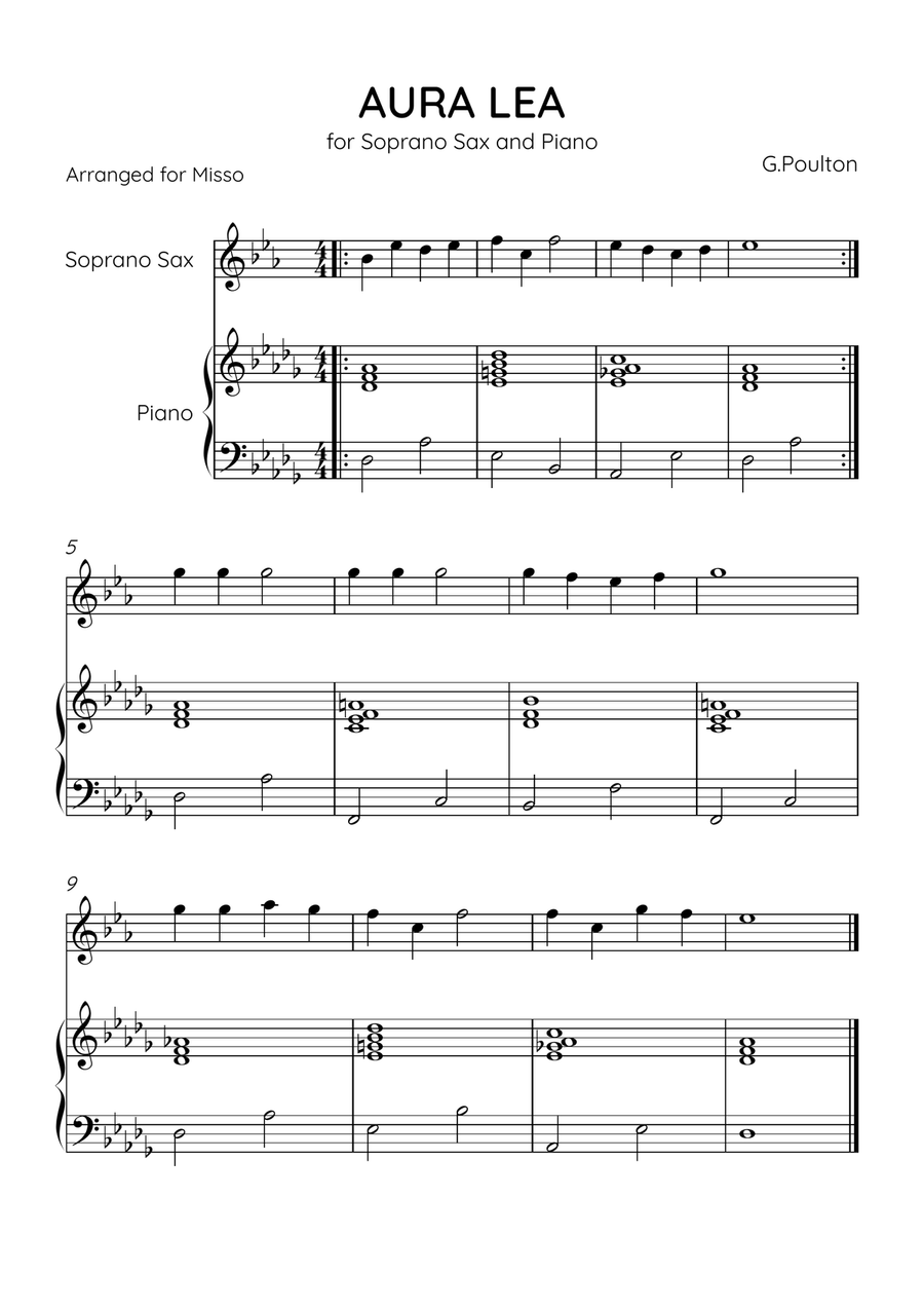 Aura Lea - Soprano Sax and Piano in Db Major - Easy Level Soprano Saxophone scores gallery preview page 1