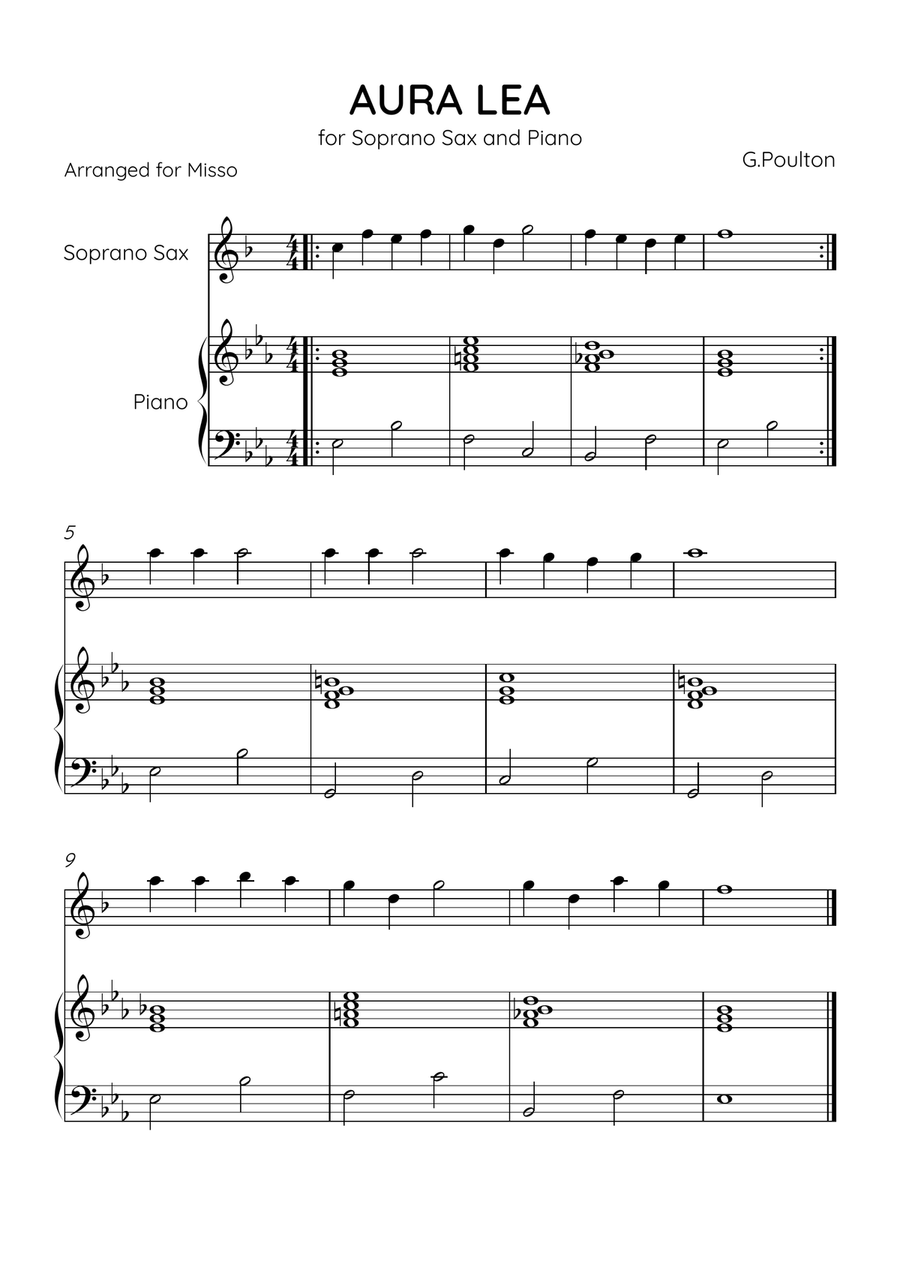 Aura Lea - Soprano Sax and Piano in Eb Major - Easy Level Soprano Saxophone scores gallery preview page 1