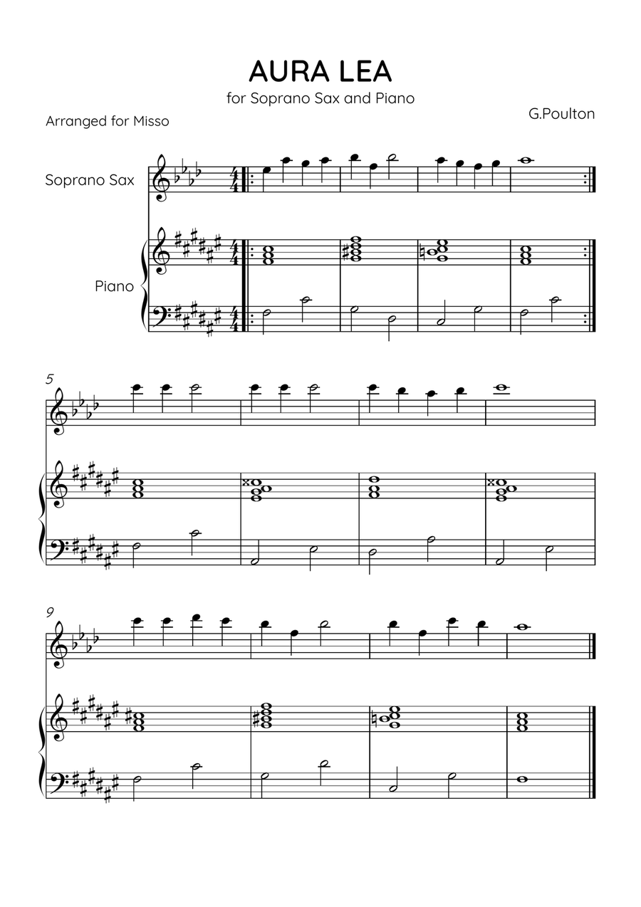 Aura Lea - Soprano Sax and Piano in F# Major - Easy Level Soprano Saxophone scores gallery preview page 1