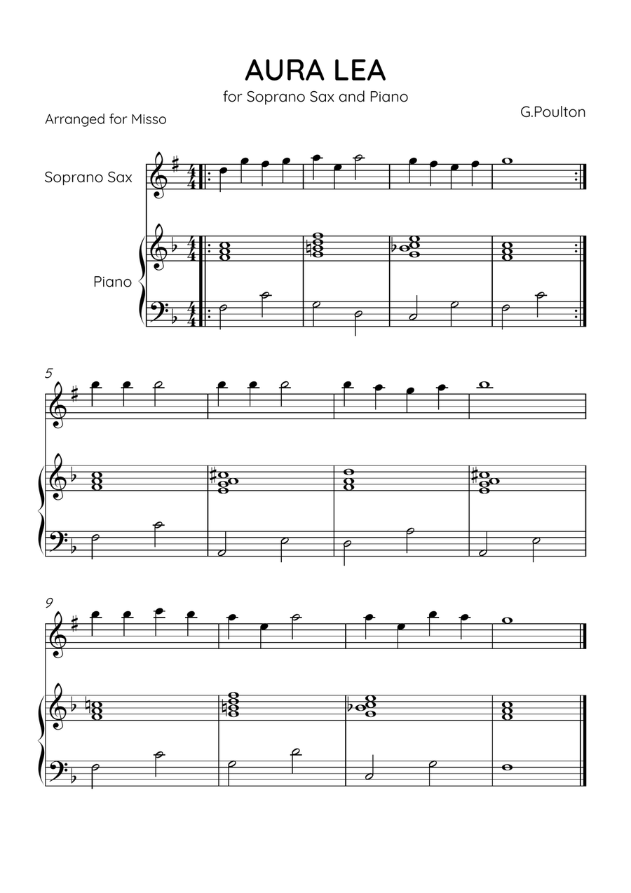 Aura Lea - Soprano Sax and Piano in F Major - Easy Level Soprano Saxophone scores gallery preview page 1