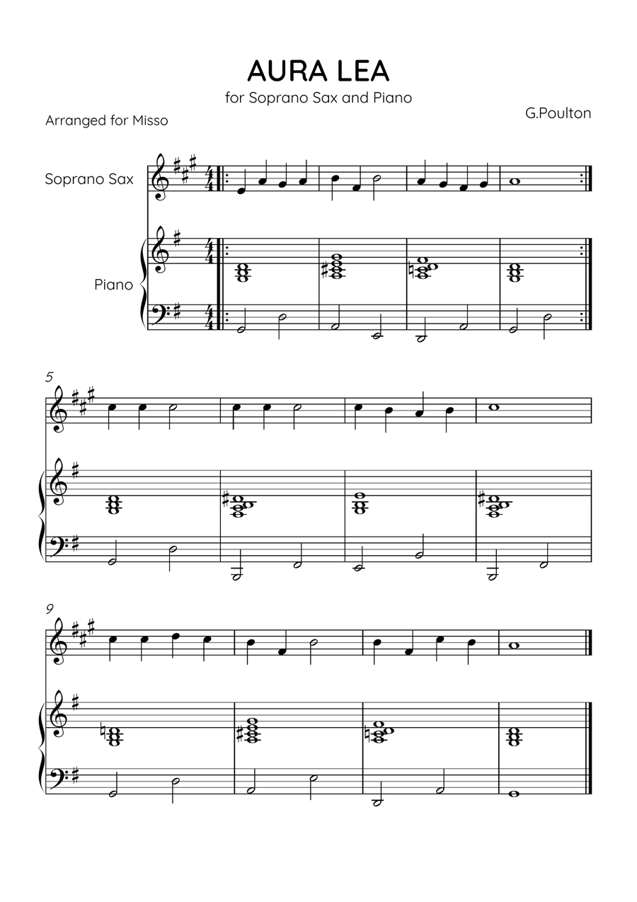 Aura Lea - Soprano Sax and Piano in G Major - Easy Level Soprano Saxophone scores gallery preview page 1