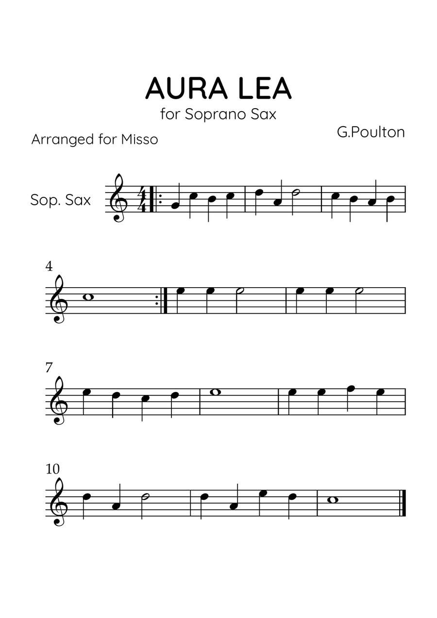 Aura Lea - Soprano Sax in C Major - Easy Level Soprano Saxophone scores gallery preview page 1