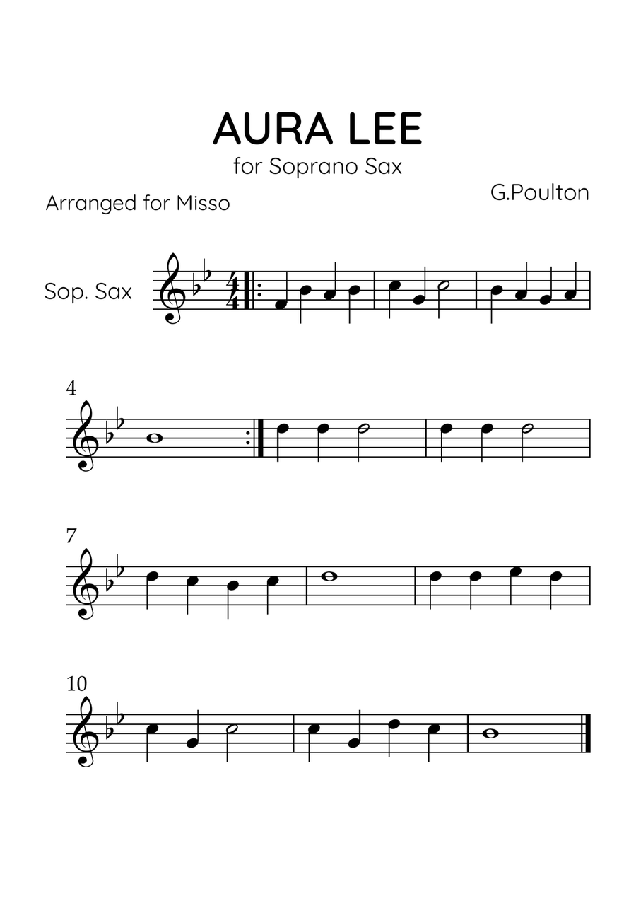 Aura Lea - Soprano Sax in Bb Major - Easy Level Soprano Saxophone scores gallery preview page 1