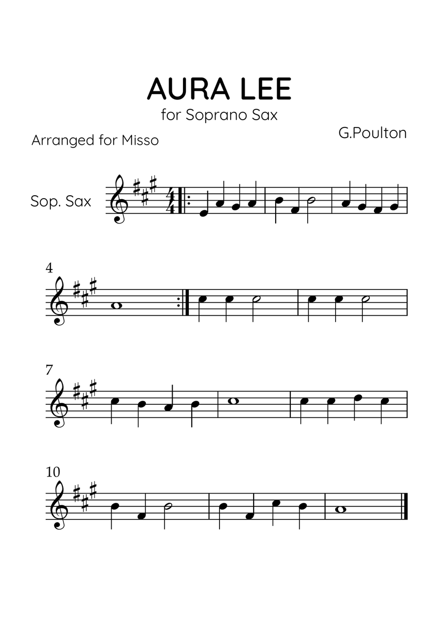 Aura Lea - Soprano Sax in A Major - Easy Level Soprano Saxophone scores gallery preview page 1