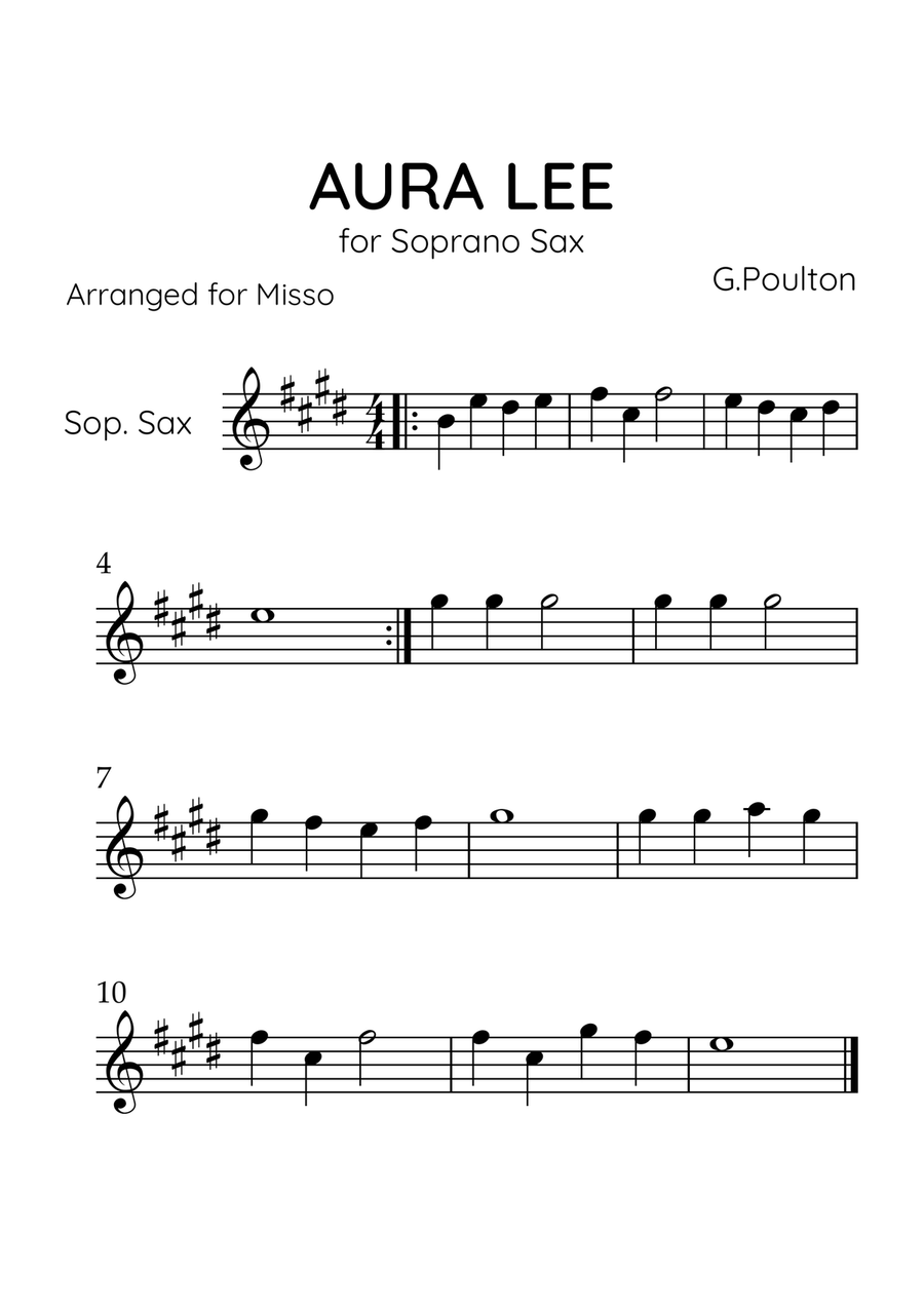 Aura Lea - Soprano Sax in E Major - Easy Level Soprano Saxophone scores gallery preview page 1