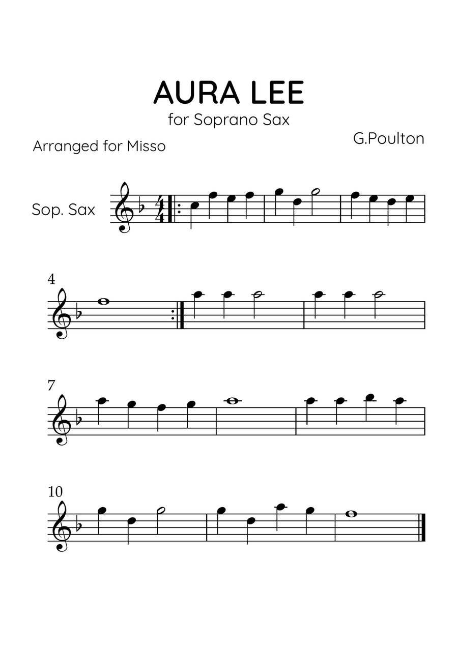 Aura Lea - Soprano Sax in F Major - Easy Level Soprano Saxophone scores gallery preview page 1
