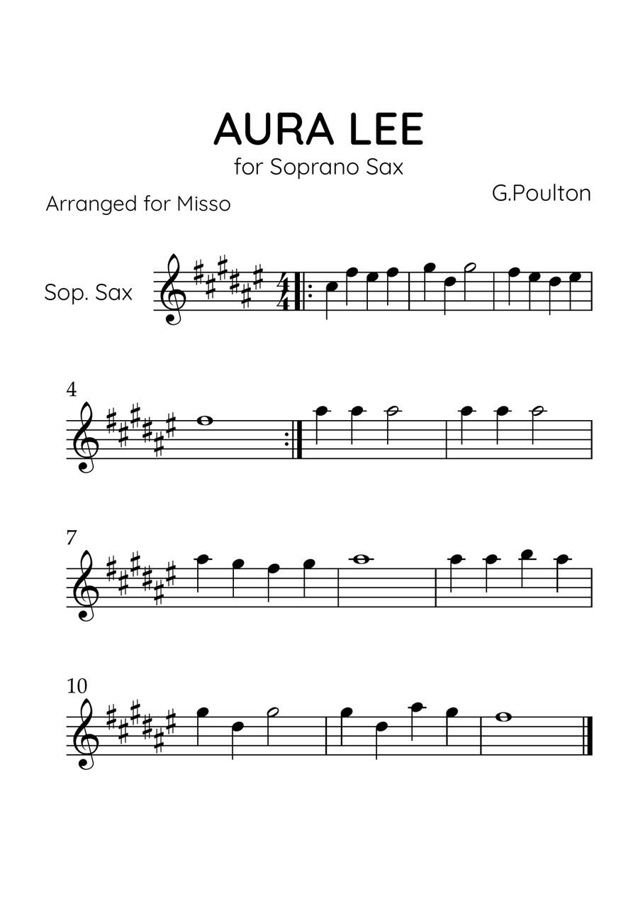 Aura Lea - Soprano Sax in F# Major - Easy Level Soprano Saxophone scores gallery preview page 1