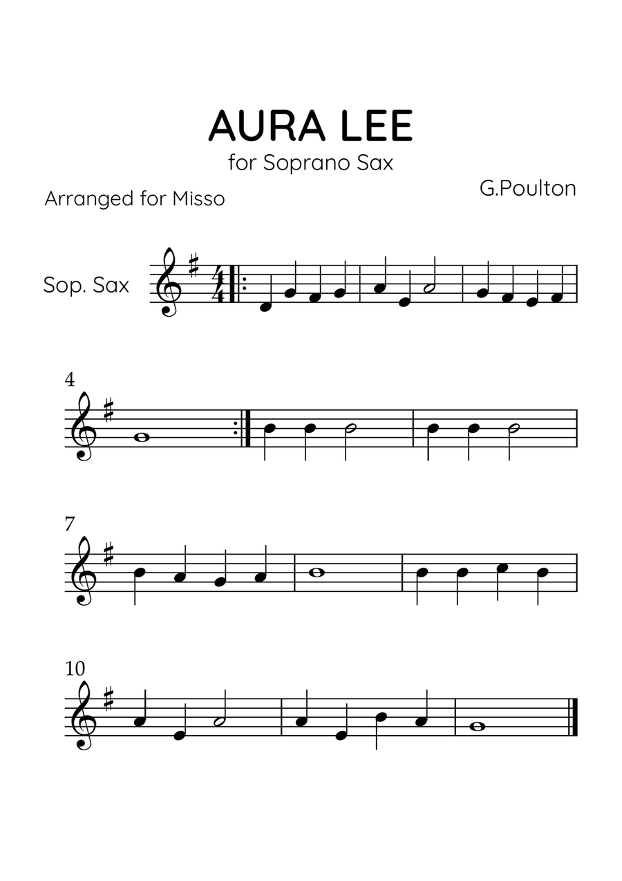 Aura Lea- Soprano Sax in G Major - Easy Level Soprano Saxophone scores gallery preview page 1