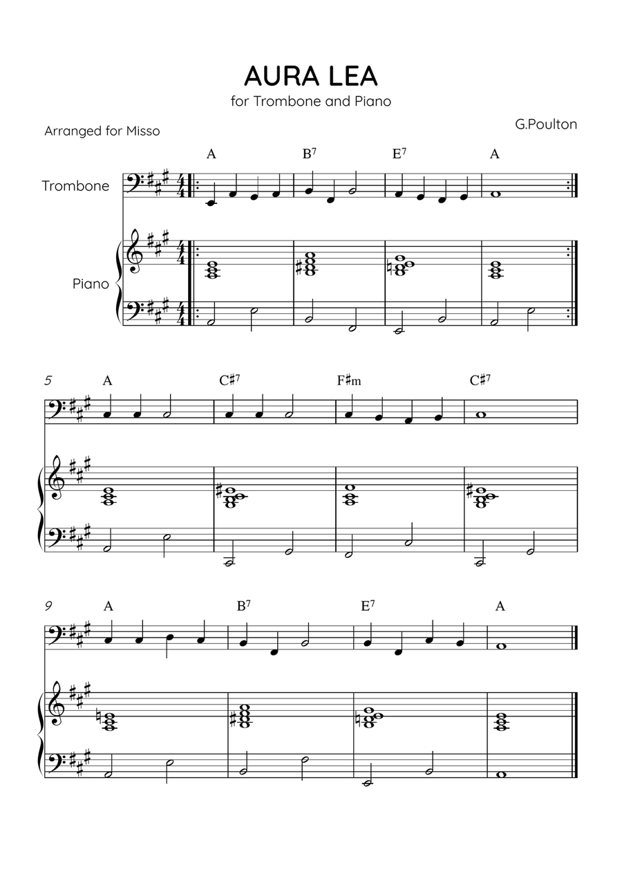 Aura Lea - Trombone and Piano in A Major - Easy Level With Chords Piano Accompaniment scores gallery preview page 1