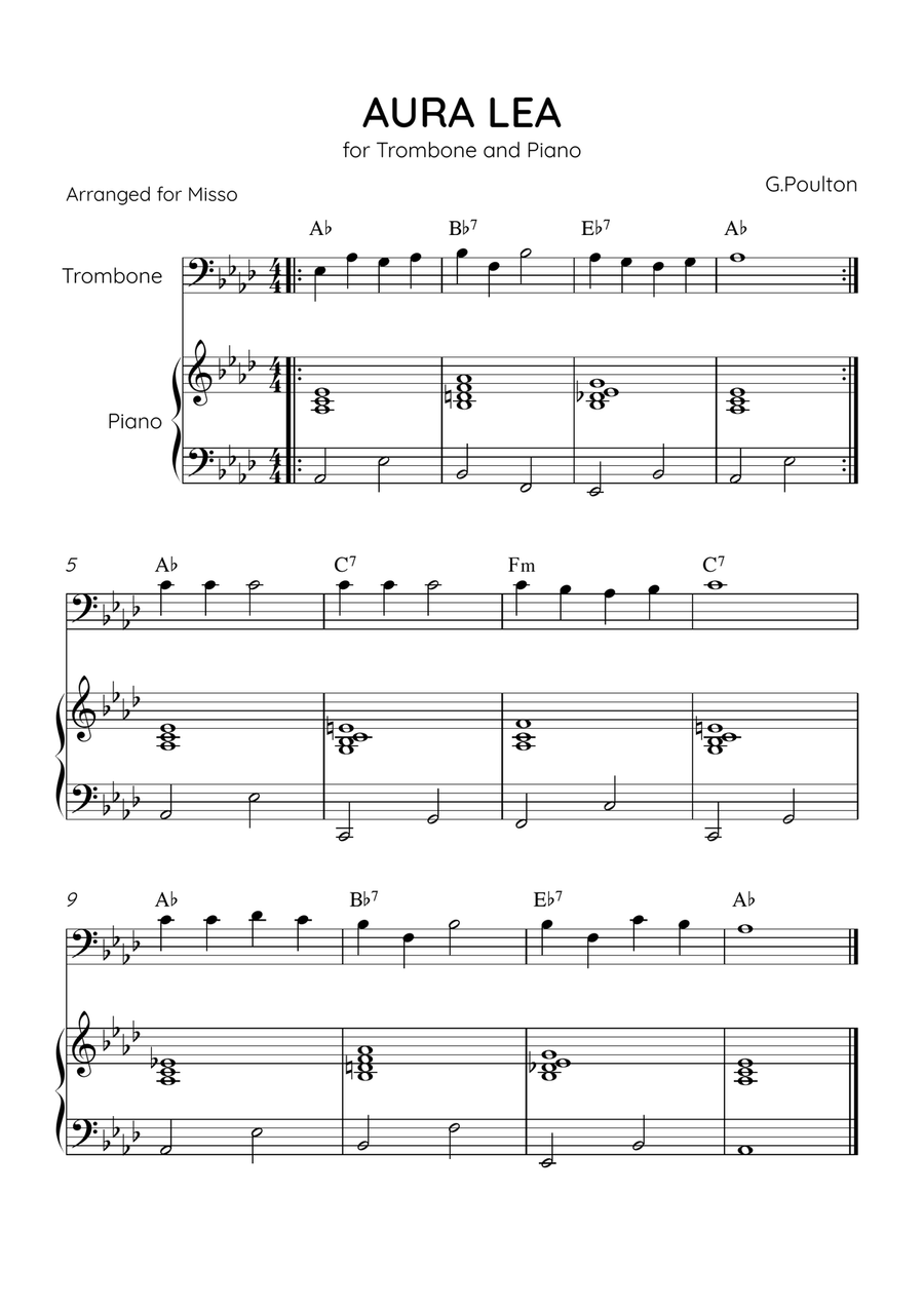 Aura Lea - Trombone and Piano in Ab Major - Easy Level With Chords Piano Accompaniment scores gallery preview page 1