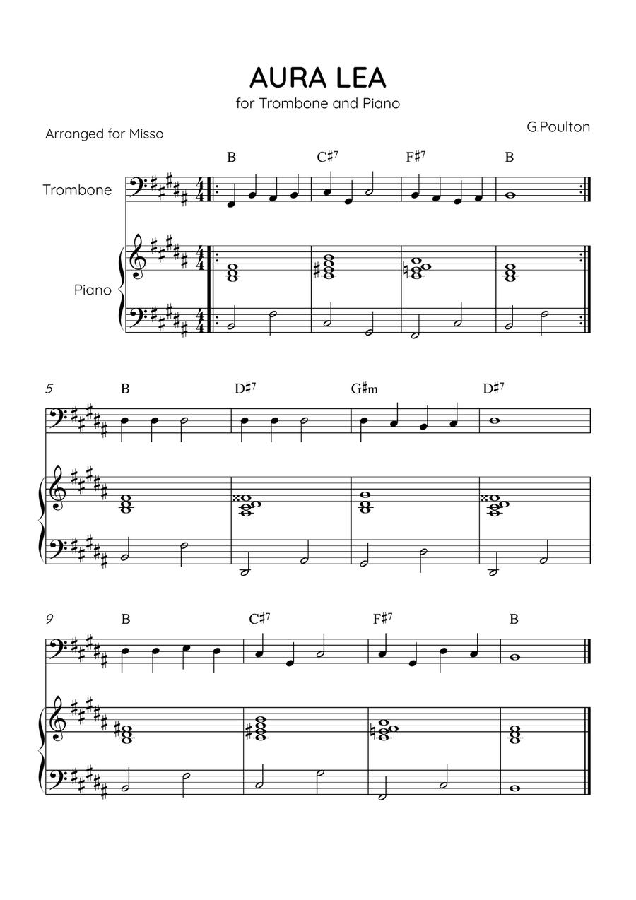 Aura Lea - Trombone and Piano in B Major - Easy Level With Chords Piano Accompaniment scores gallery preview page 1