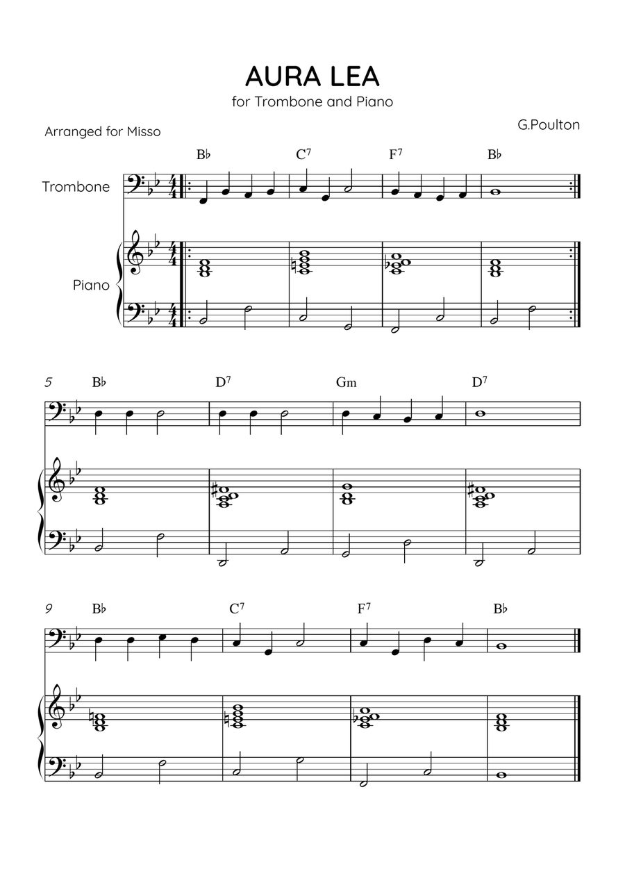 Aura Lea - Trombone and Piano in Bb Major - Easy Level With Chords Piano Accompaniment scores gallery preview page 1