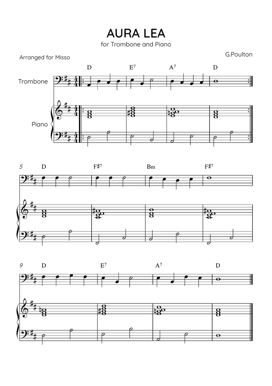Aura Lea - Trombone and Piano in D Major - Easy Level With Chords Piano Accompaniment scores gallery preview page 1
