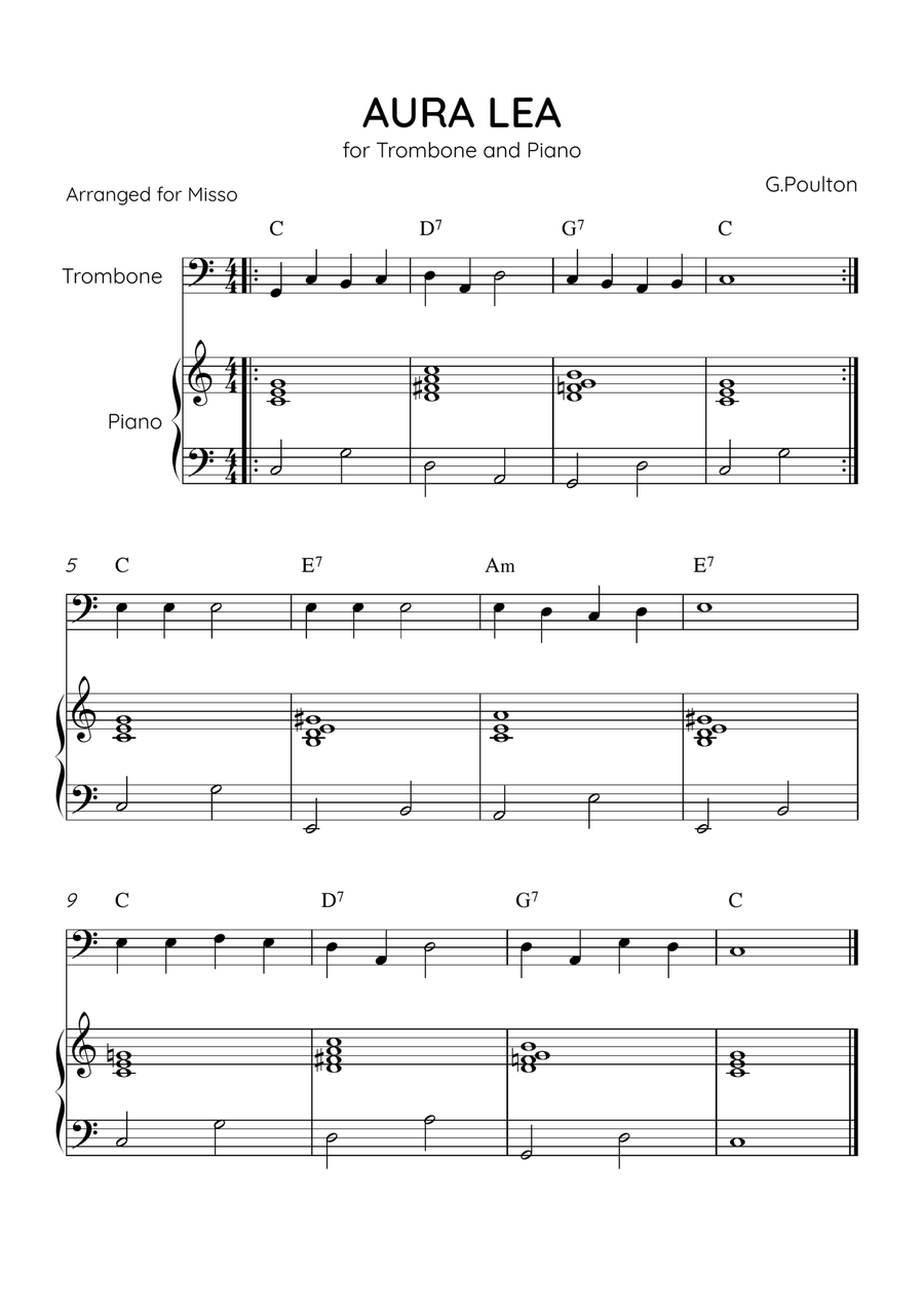 Aura Lea - Trombone and Piano in C Major - Easy Level With Chords Piano Accompaniment scores gallery preview page 1