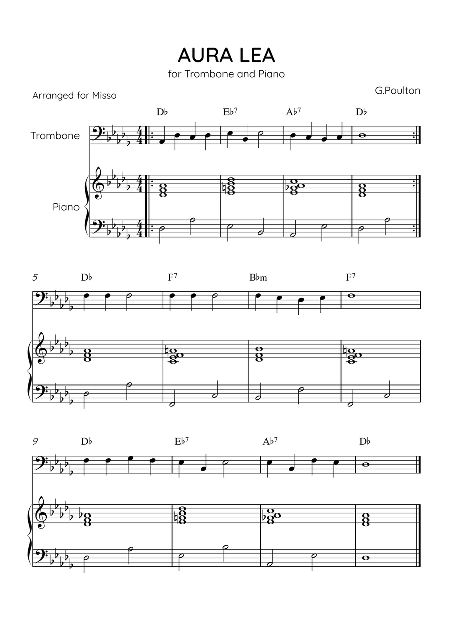 Aura Lea - Trombone and Piano in Db Major - Easy Level With Chords Piano Accompaniment scores gallery preview page 1