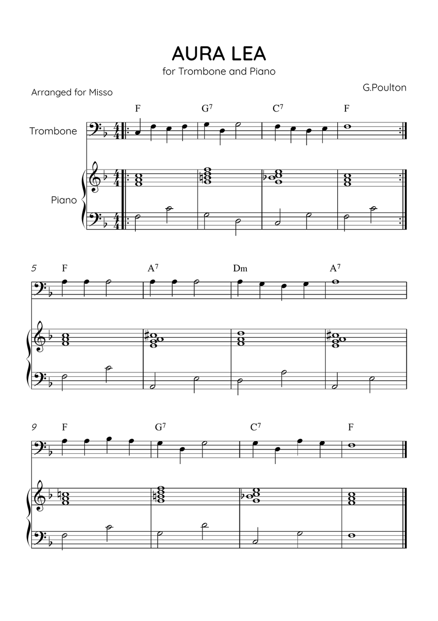 Aura Lea - Trombone and Piano in F Major - Easy Level With Chords Piano Accompaniment scores gallery preview page 1