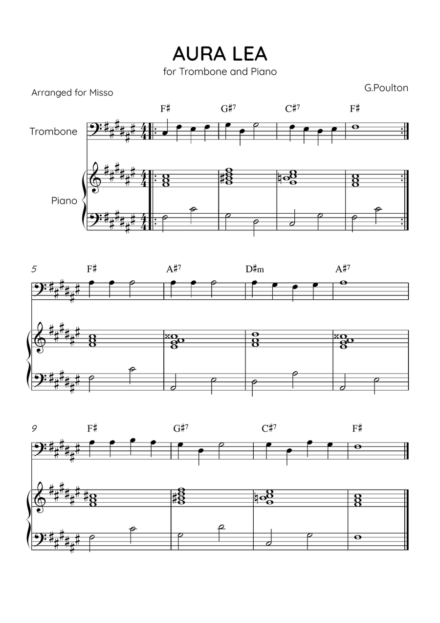 Aura Lea - Trombone and Piano in F# Major - Easy Level With Chords Piano Accompaniment scores gallery preview page 1