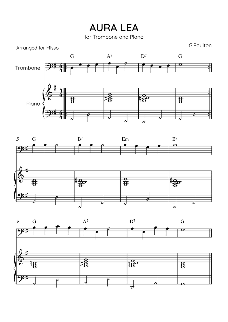 Aura Lea - Trombone and Piano in G Major - Easy Level With Chords Piano Accompaniment scores gallery preview page 1