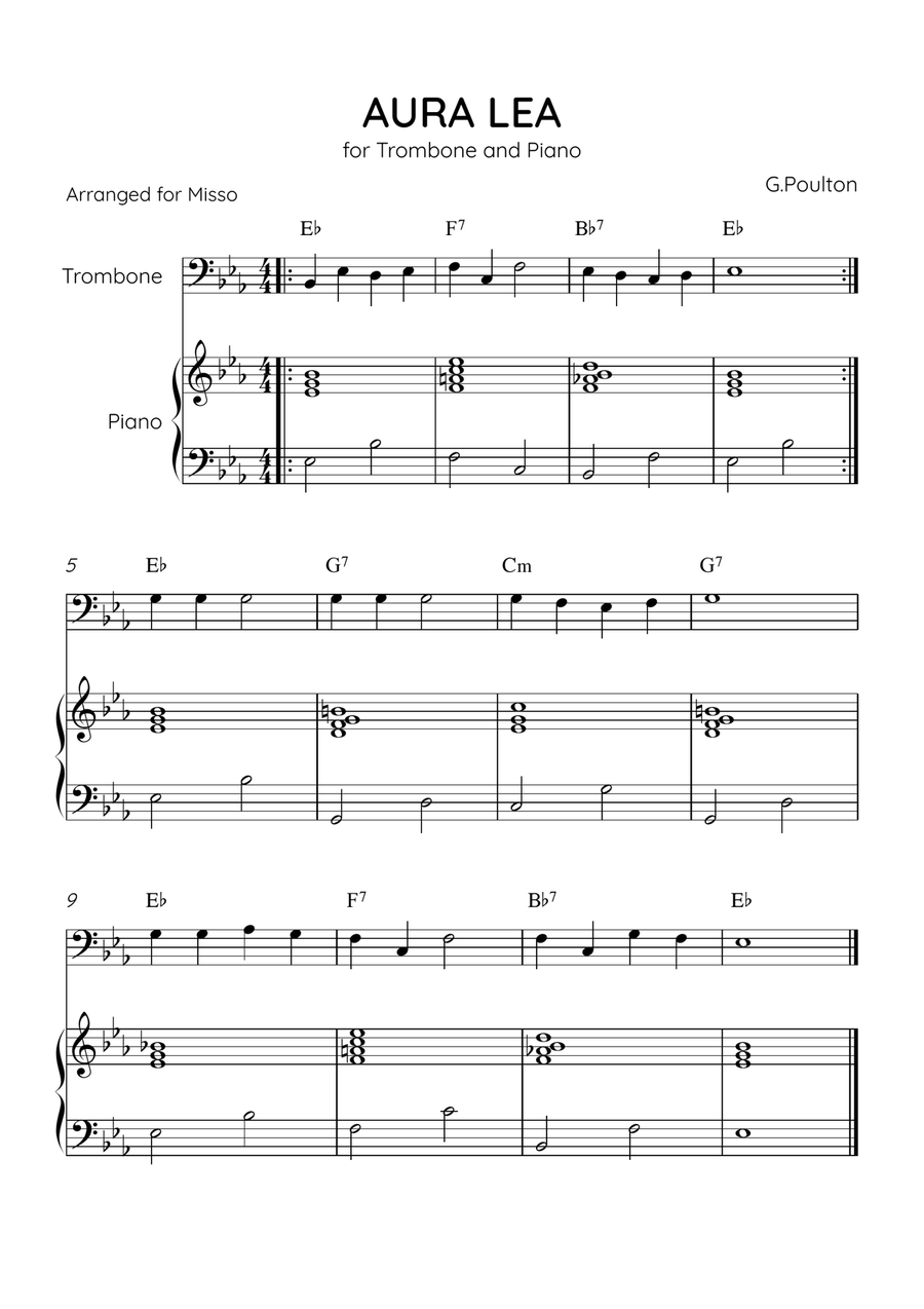 Aura Lea - Trombone and Piano in Eb Major - Easy Level With Chords Piano Accompaniment scores gallery preview page 1