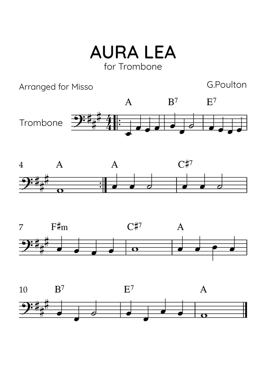 Aura Lea - Trombone in A Major - Easy Level With Chords Trombone Solo scores gallery preview page 1