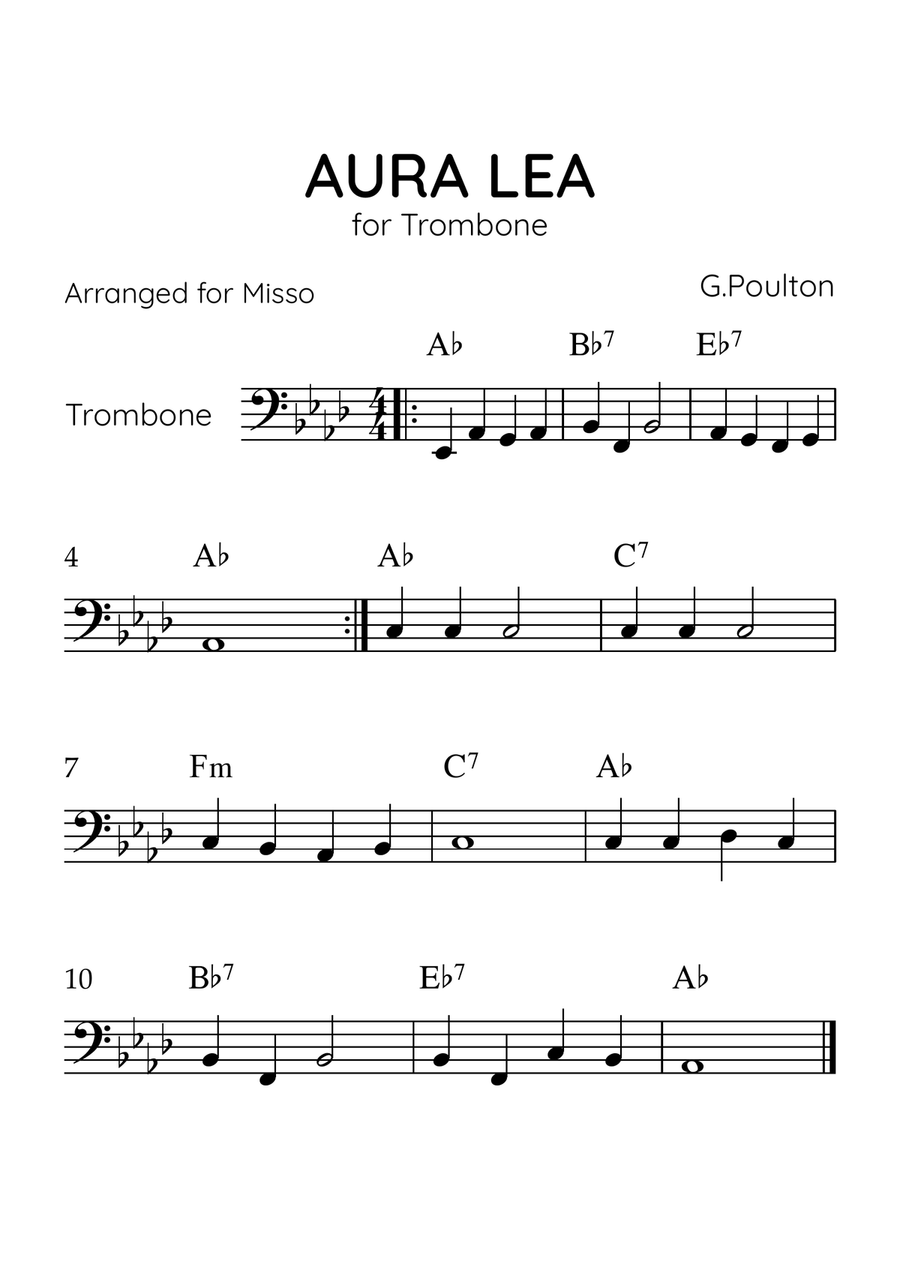 Aura Lea - Trombone in Ab Major - Easy Level With Chords Trombone Solo scores gallery preview page 1