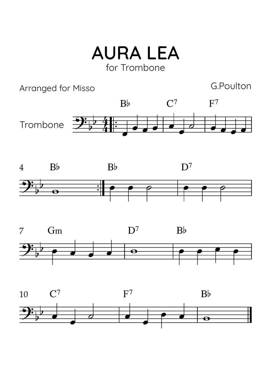 Aura Lea - Trombone in Bb Major - Easy Level With Chords Trombone Solo scores gallery preview page 1