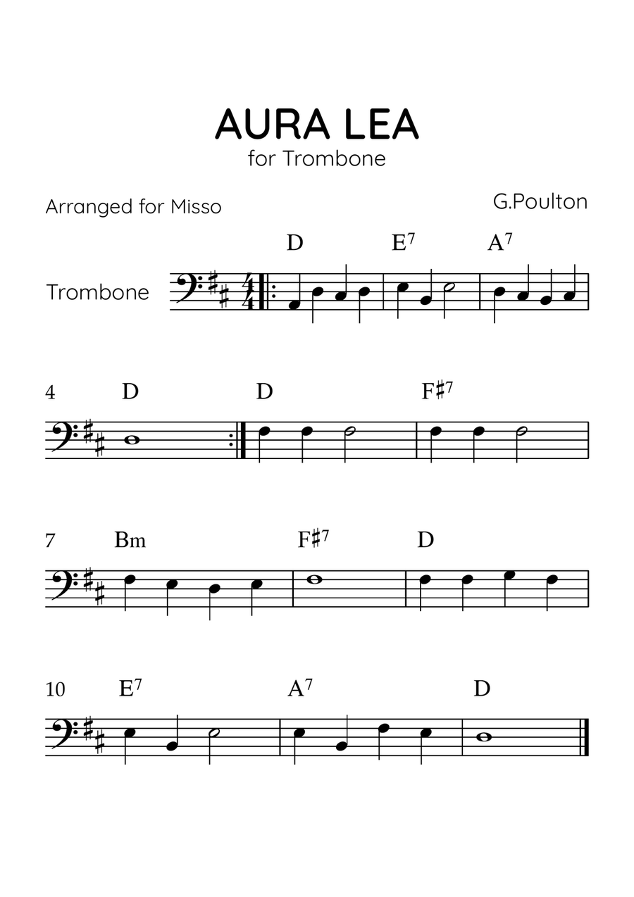 Aura Lea - Trombone in D Major - Easy Level With Chords Trombone Solo scores gallery preview page 1