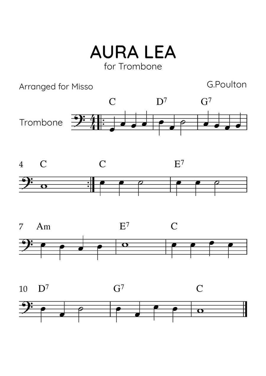 Aura Lea - Trombone in C Major - Easy Level With Chords Trombone Solo scores gallery preview page 1