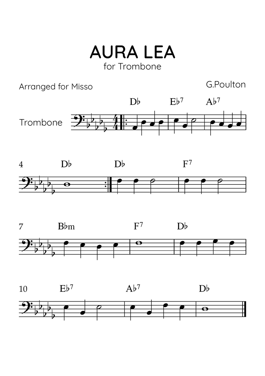 Aura Lea - Trombone in Db Major - Easy Level With Chords Trombone Solo scores gallery preview page 1