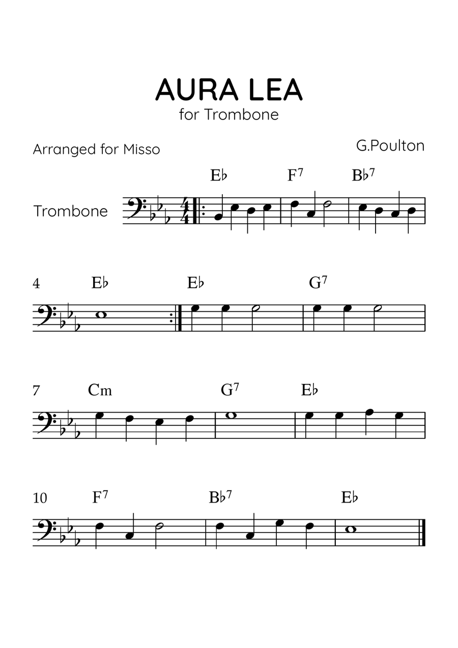 Aura Lea - Trombone in Eb Major - Easy Level With Chords Trombone Solo scores gallery preview page 1