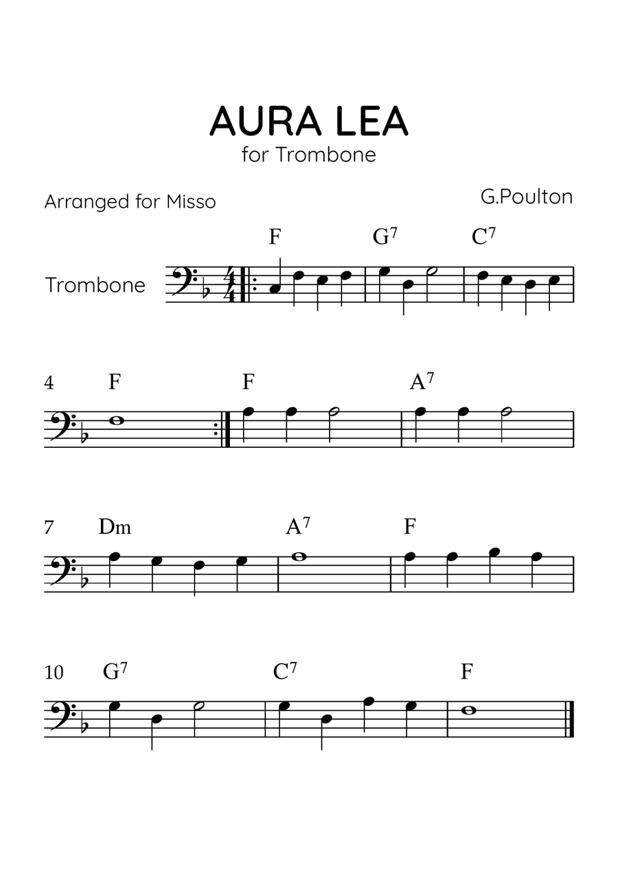 Aura Lea - Trombone in F Major - Easy Level With Chords Trombone Solo scores gallery preview page 1