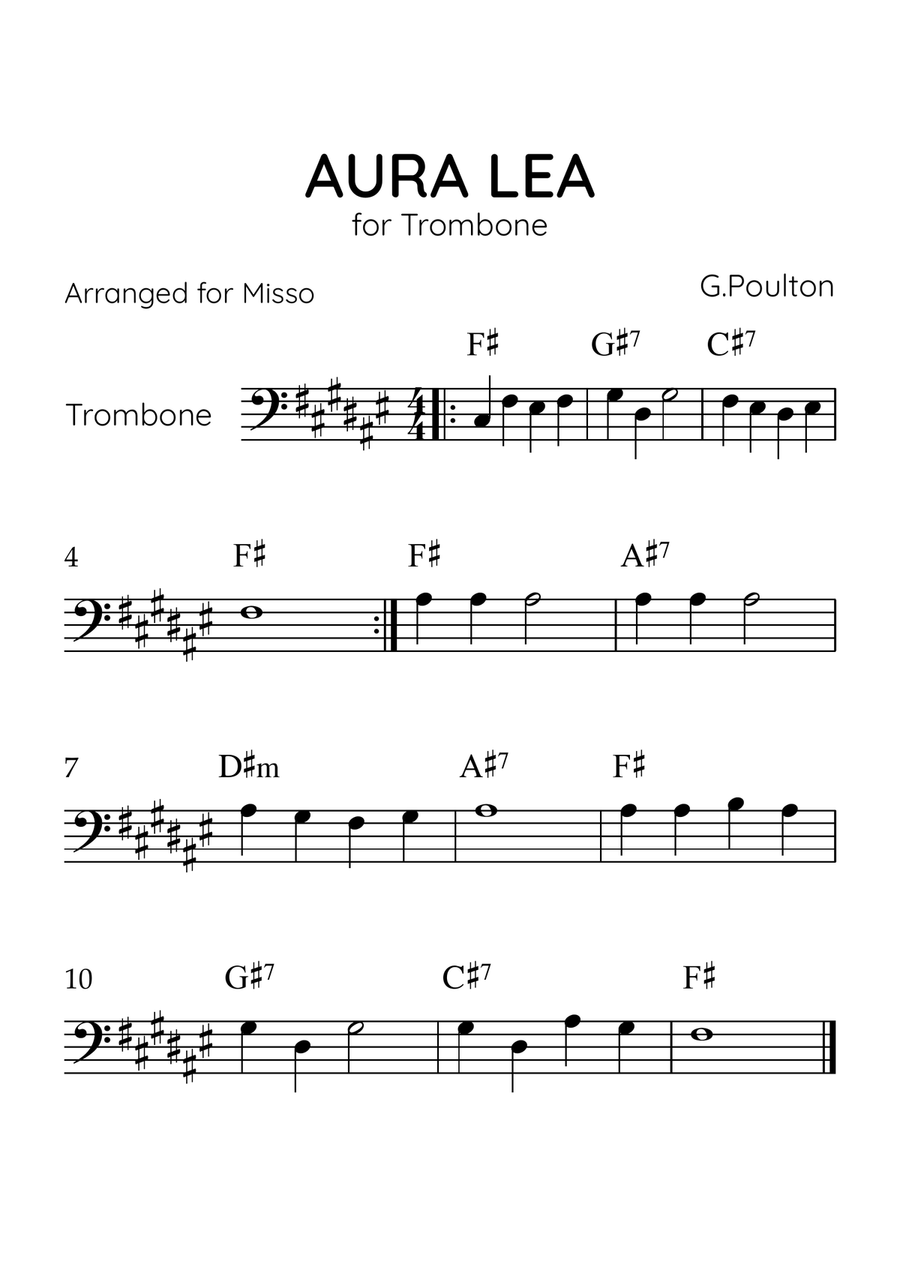 Aura Lea - Trombone in F# Major - Easy Level With Chords Trombone Solo scores gallery preview page 1