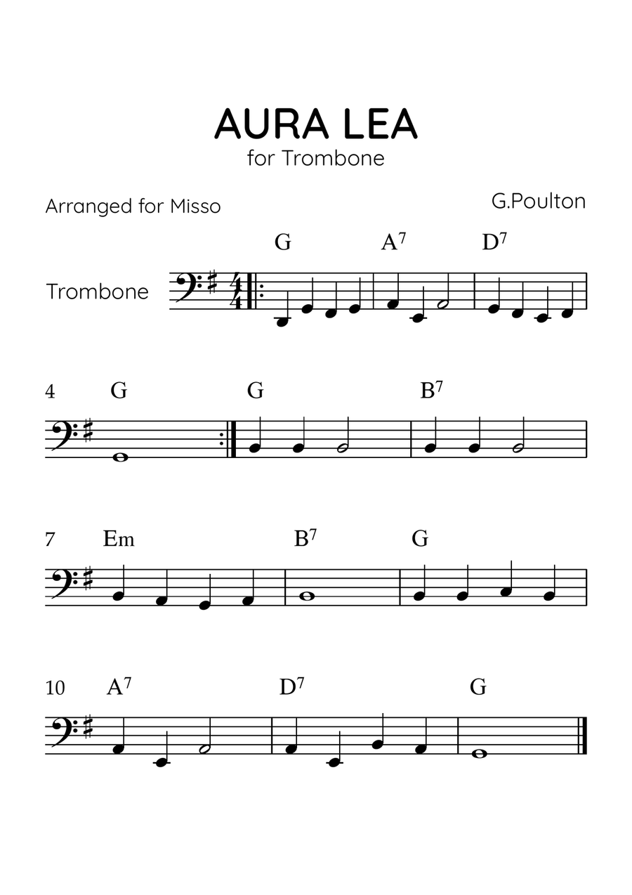 Aura Lea - Trombone in G Major - Easy Level With Chords Trombone Solo scores gallery preview page 1