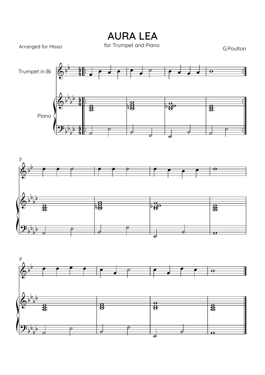 Aura Lea - Bb Trumpet and Piano in Ab Major - Easy Level B-Flat Trumpet scores gallery preview page 1
