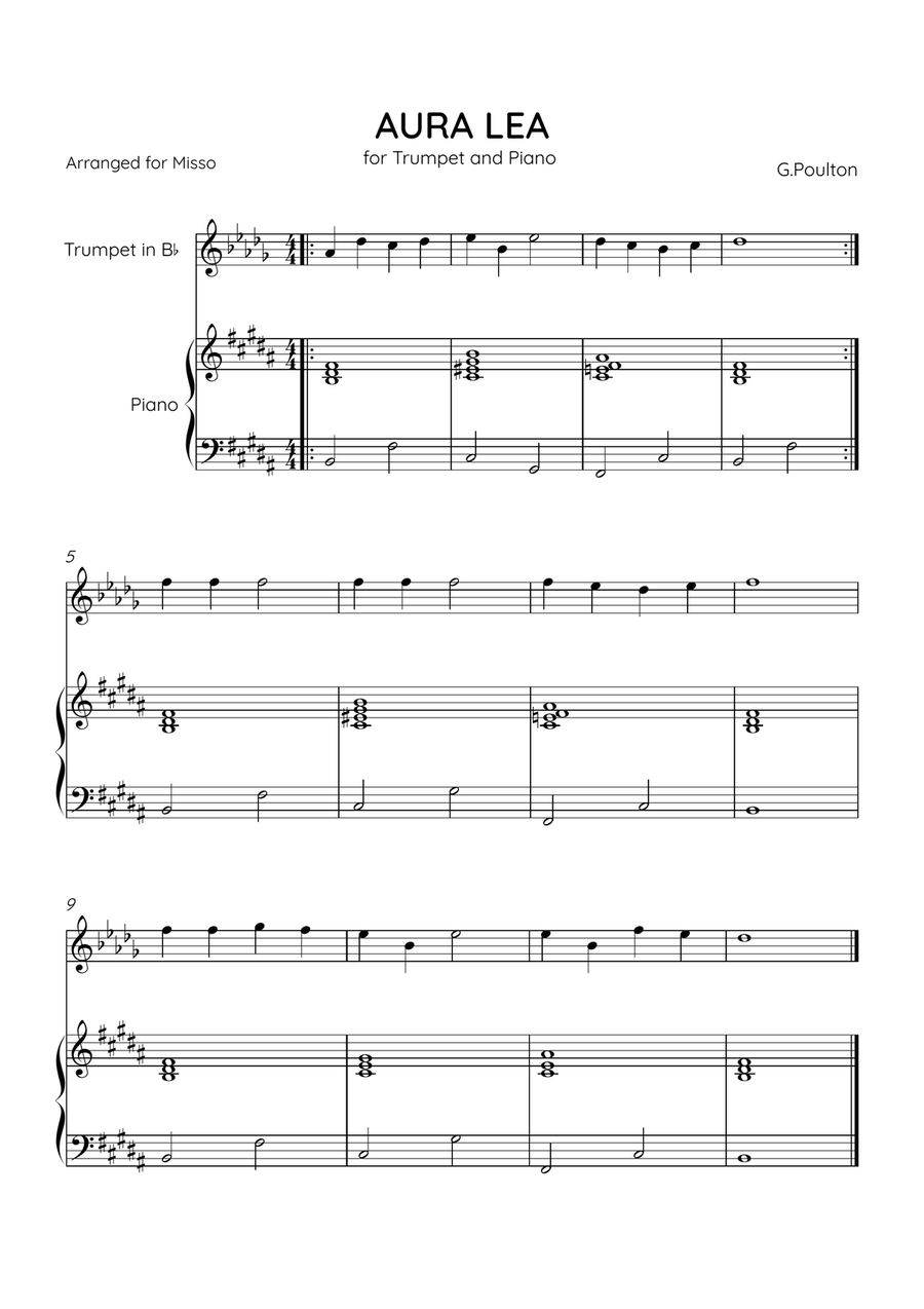 Aura Lea - Bb Trumpet and Piano in B Major - Easy Level B-Flat Trumpet scores gallery preview page 1