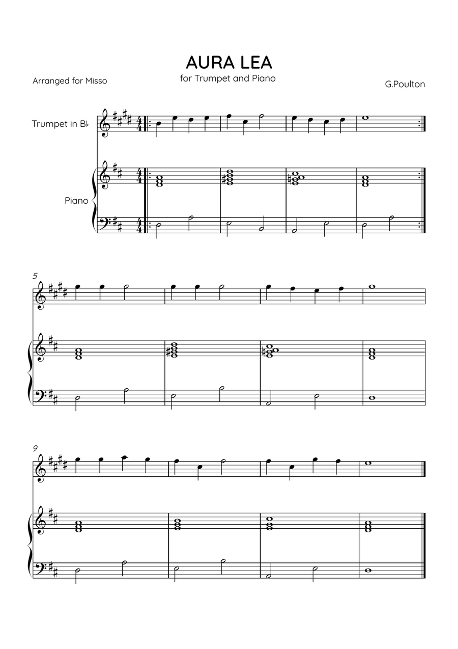 Aura Lea - Bb Trumpet and Piano in D Major - Easy Level B-Flat Trumpet scores gallery preview page 1