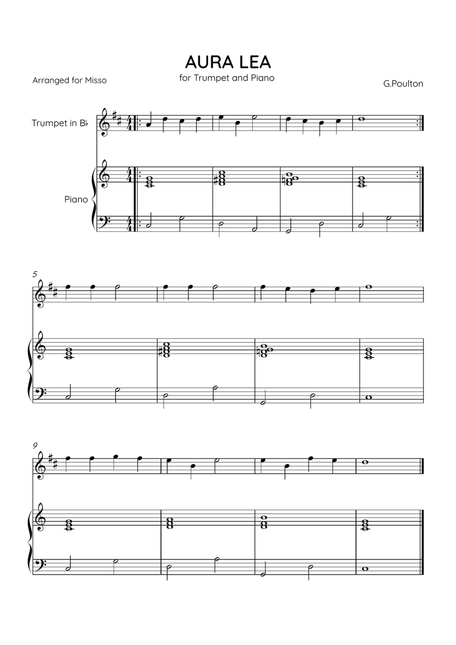 Aura Lea - Bb Trumpet and Piano in C Major - Easy Level B-Flat Trumpet scores gallery preview page 1