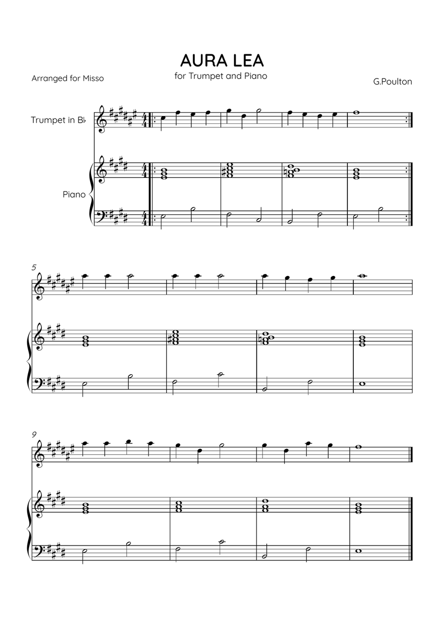 Aura Lea - Bb Trumpet and Piano in E Major - Easy Level B-Flat Trumpet scores gallery preview page 1