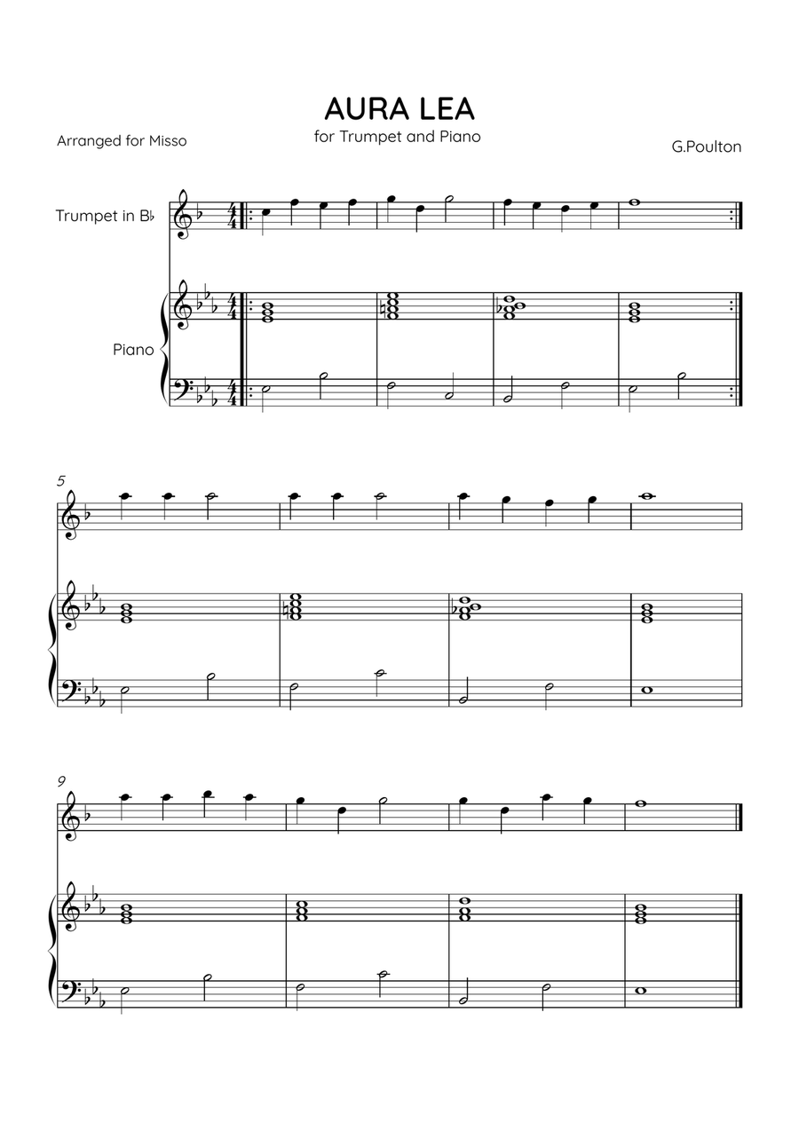 Aura Lea - Bb Trumpet and Piano in Eb Major - Easy Level B-Flat Trumpet scores gallery preview page 1