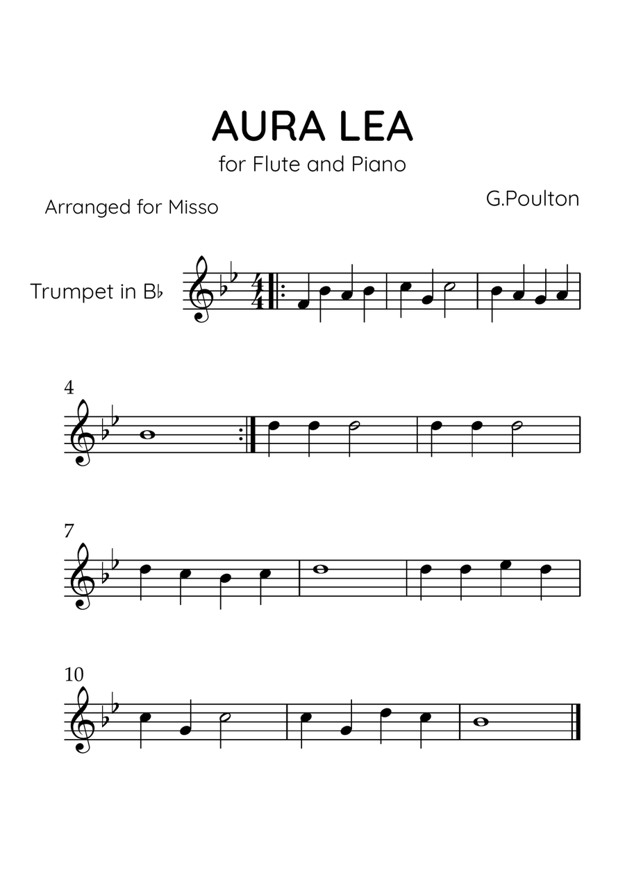 Aura Lea - Trumpet in Ab Major - Easy Level Trumpet Solo scores gallery preview page 1