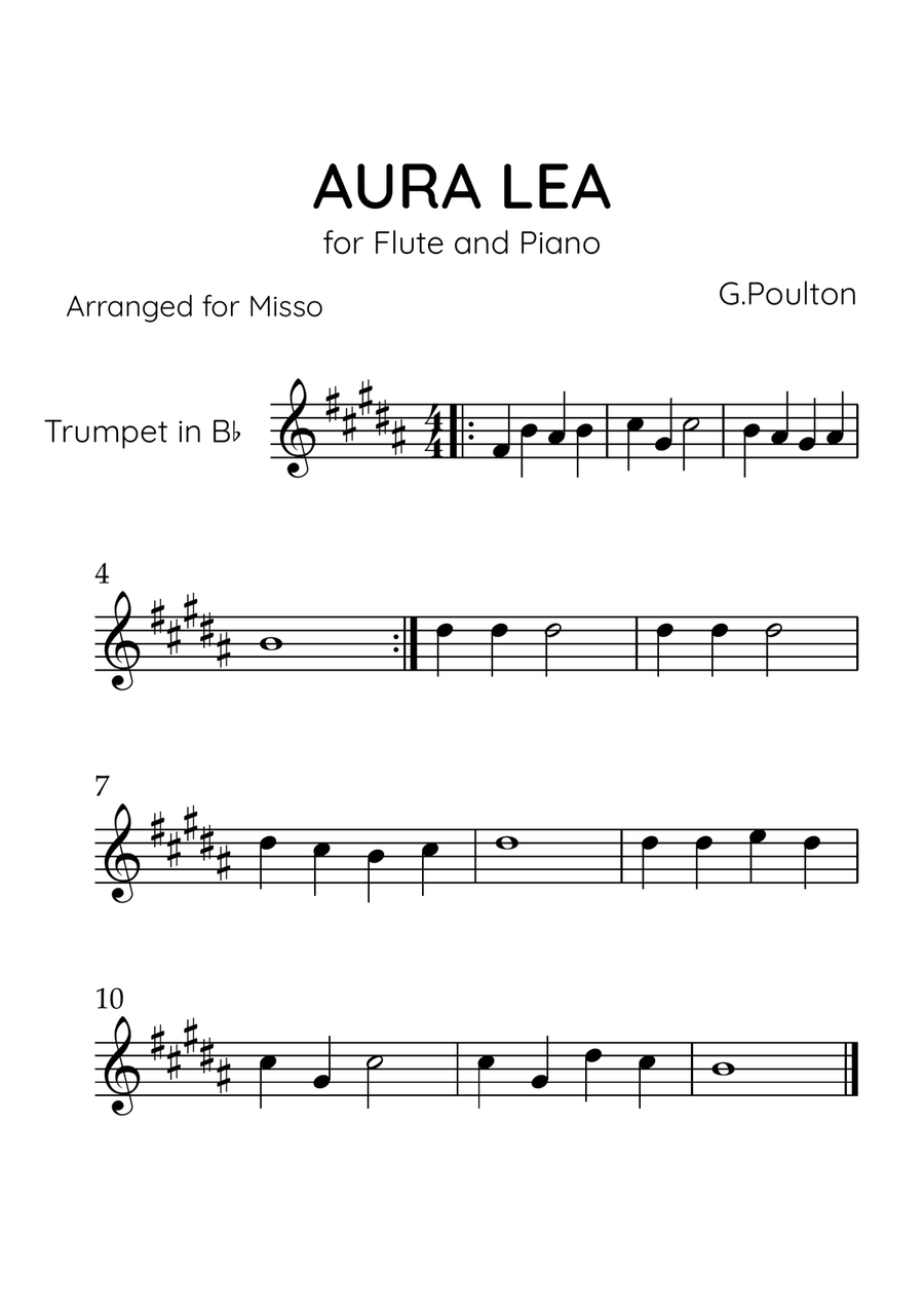Aura Lea - Trumpet in A Major - Easy Level A Trumpet scores gallery preview page 1